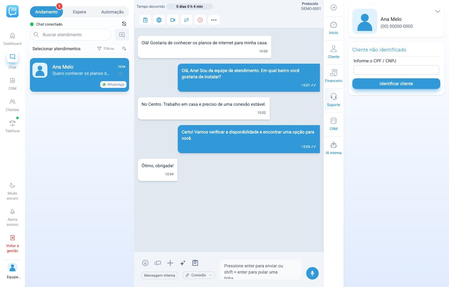Tela de chat do Chatmix com uma conversa de atendimento